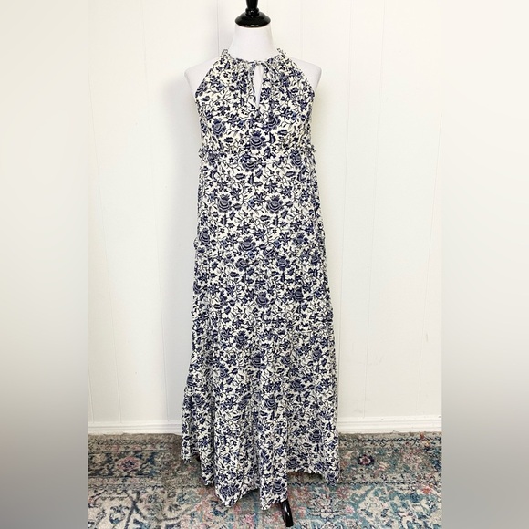 HOUSE OF HARLOW 1960 Blue White Cotton Tiered Sleeveless Maxi Dress Size XS Boho - Picture 4 of 15